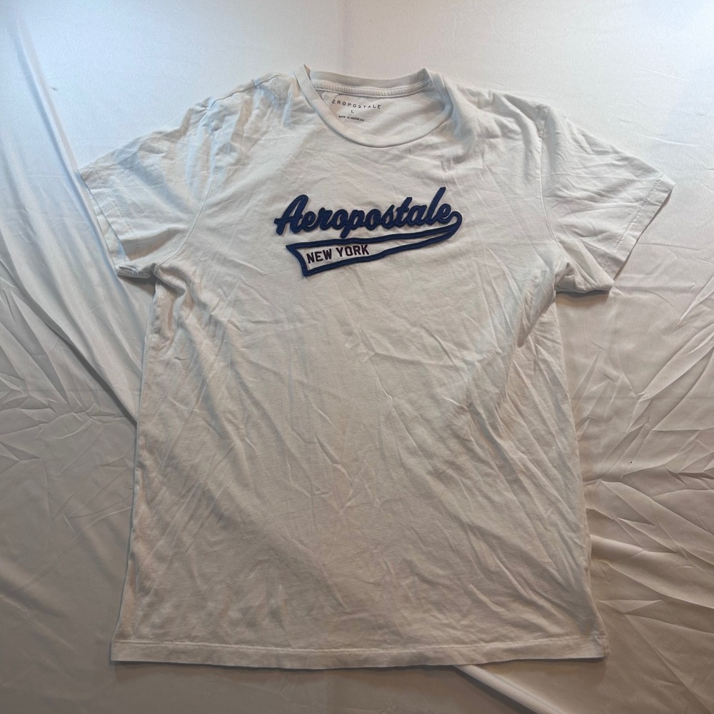 Aeropostale Mens Large White Short Sleeve Graphic Tee Navy Blue Logo New York